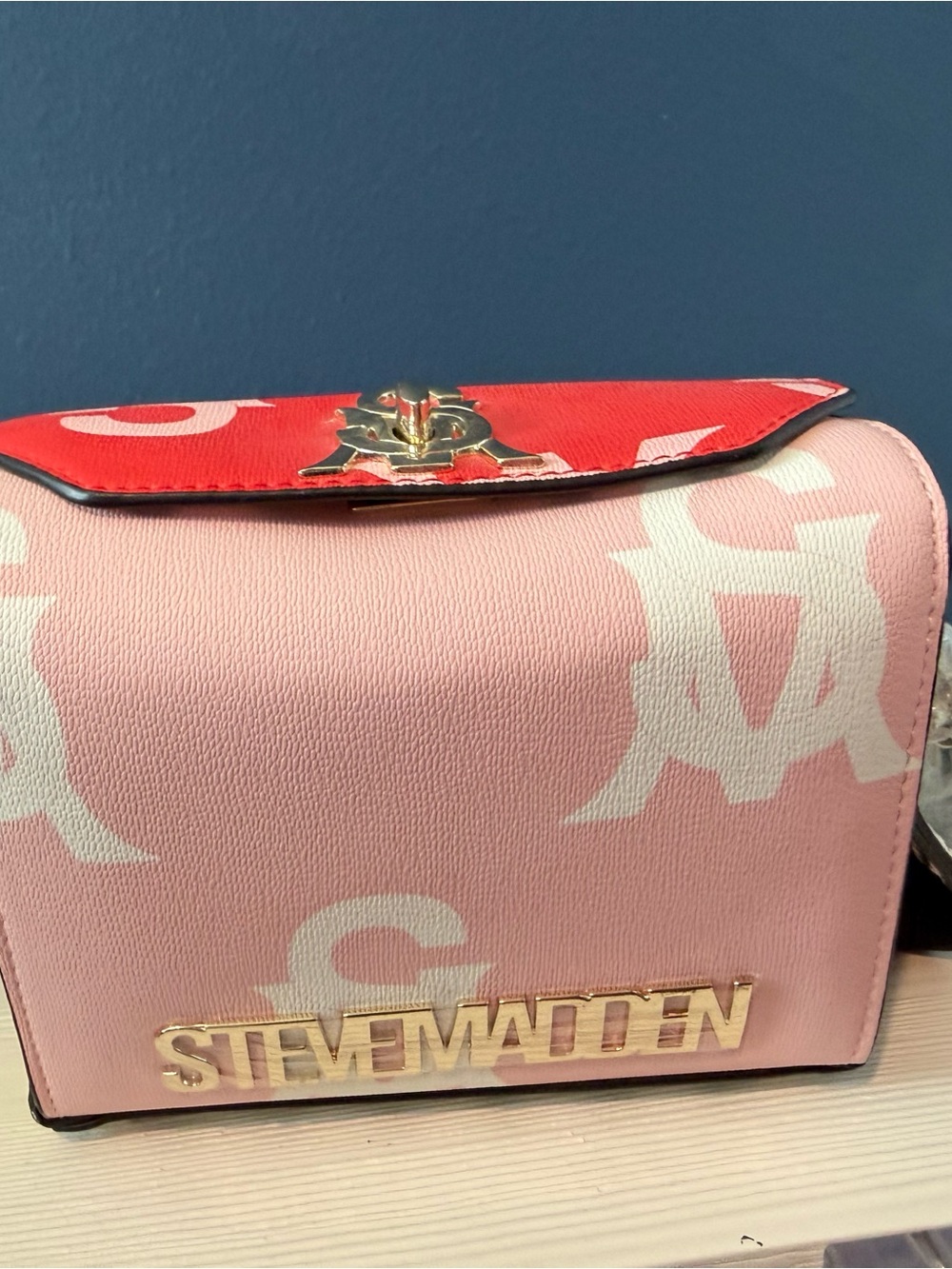 Steve Madden Pink Crossbody with Red Flap and Gold Hardware